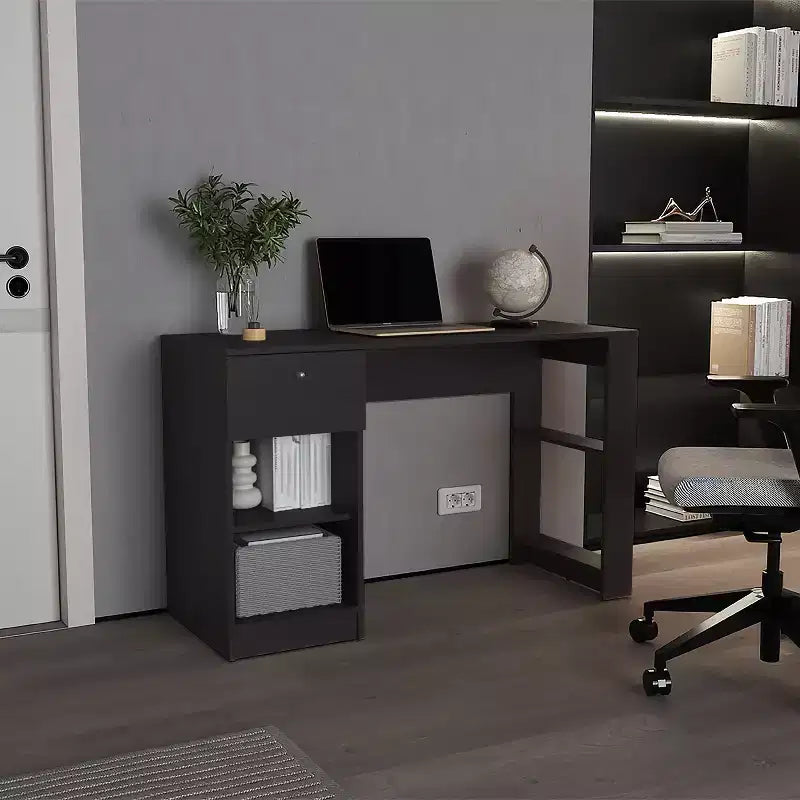 Bureau en bois avec tiroir et quatre étagères, grand espace pour les jambes