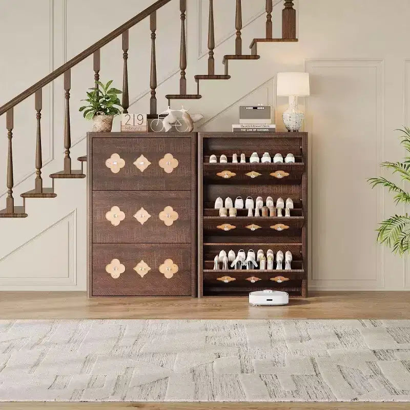 Meuble à Chaussures Étroit sur Pied avec 3 Tiroirs Basculants Meuble à Chaussures en Bois Dissimulé
