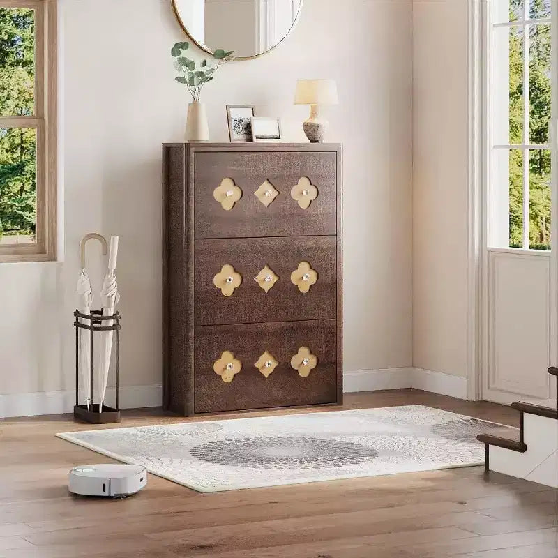 Freestanding Slim Shoe Cabinet with 3 Flip Drawers Hidden Wood Shoe Cabinet with Hollow Out Flower Pattern and Diamond-Shaped Handles for Home