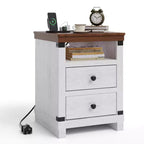 White Modern Farmhouse Nightstand 2-Drawer Bedside Table with USB Charging Station & Open Shelf for Bedroom/Living Room
