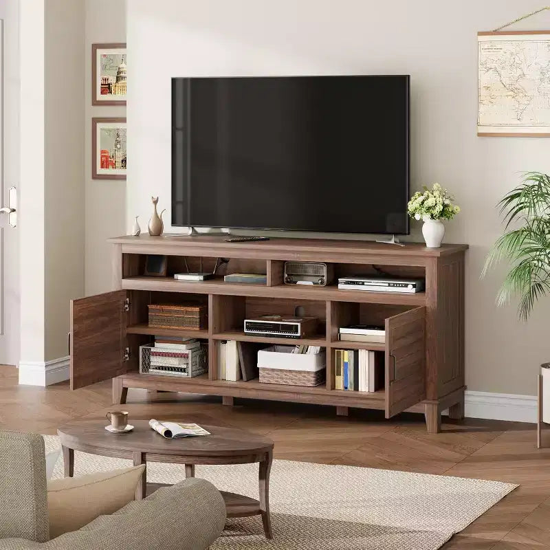 Farmhouse TV Stand for 63 TVs Entertainment Center with Storage Cabinets & Shelves Cabinet Doors for Living Room or Bedroom