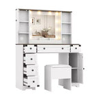 Makeup Vanity with Soft Cushioned Stool Farmhouse Dressing Table with 6 Drawers & 2 Cabinet & Open Shelves