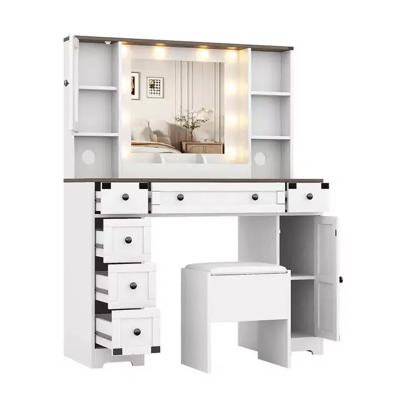 Makeup Vanity with Soft Cushioned Stool Farmhouse Dressing Table with 6 Drawers & 2 Cabinet & Open Shelves