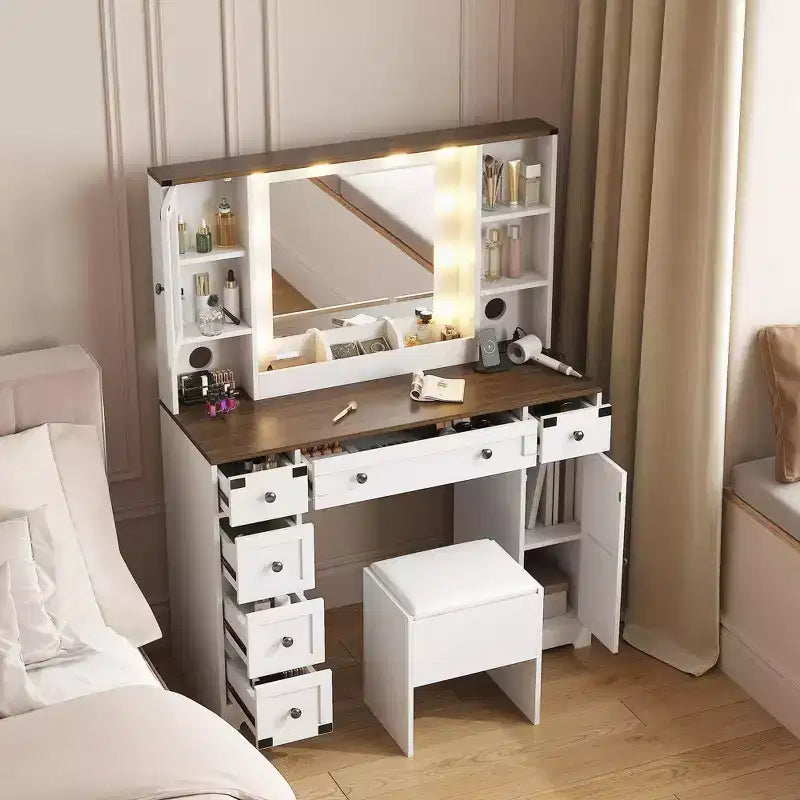 Coiffeuse avec tabouret rembourré, style ferme