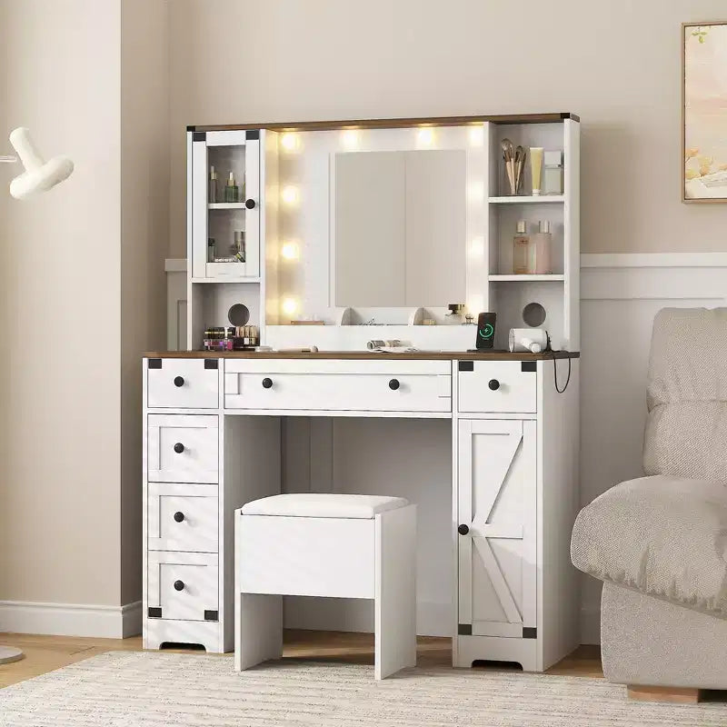 Coiffeuse avec tabouret rembourré, style ferme