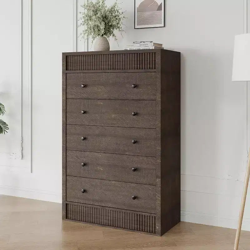 5-Drawer Tall Walnut Dresser 31.5 Wide Fluted Chest of Drawers Modern Wood Storage Cabinet for Bedroom Kids Room Hallway Living Room