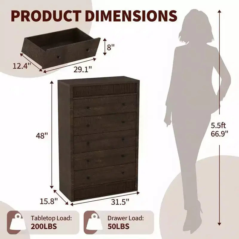 Commode haute 5 tiroirs en noyer – Meuble de rangement moderne en bois avec façades cannelées