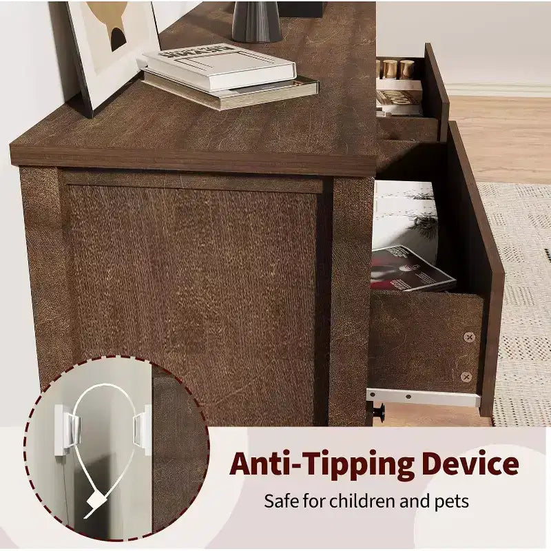 Commode haute 5 tiroirs en noyer – Meuble de rangement moderne en bois avec façades cannelées