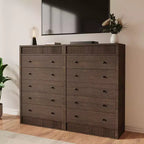 Commode haute 5 tiroirs en noyer – Meuble de rangement moderne en bois avec façades cannelées