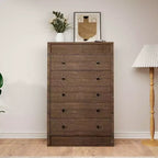 Commode haute 5 tiroirs en noyer – Meuble de rangement moderne en bois avec façades cannelées