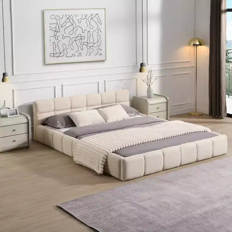 Queen/King Size Elegant Chenille Upholstered Platform Bed Frame Checkerboard Design Bed Beige - ModernLuxe