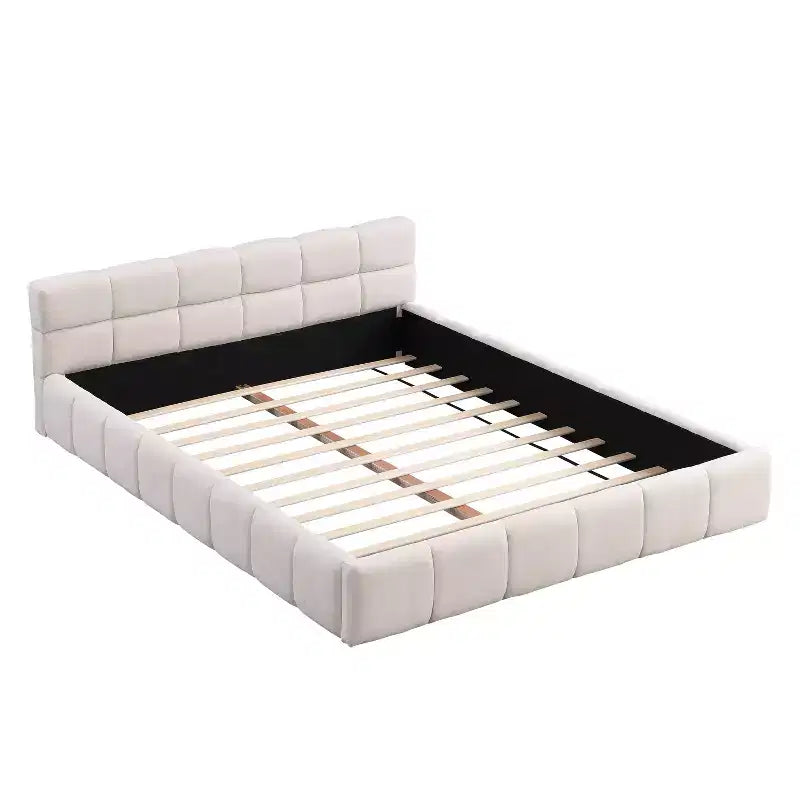 Cadre de lit plateforme élégant en chenille capitonnée avec motif damier