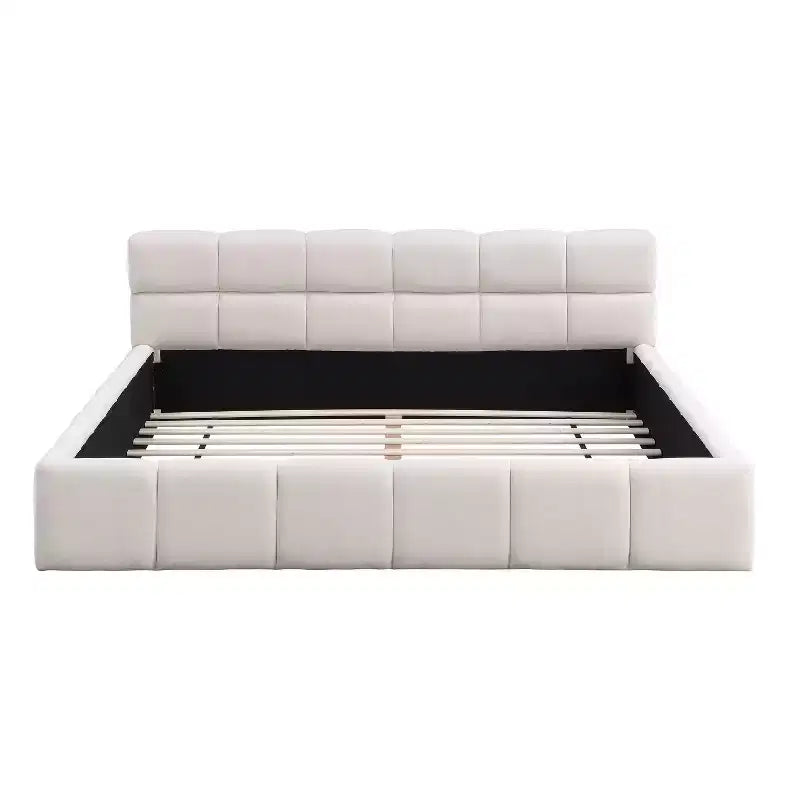 Cadre de lit plateforme élégant en chenille capitonnée avec motif damier