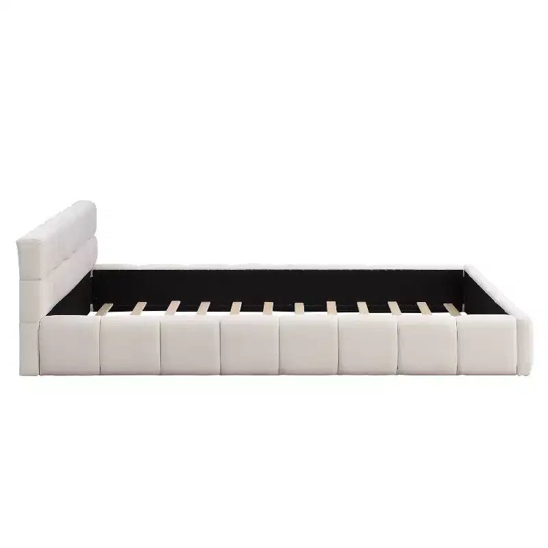 Cadre de lit plateforme élégant en chenille capitonnée avec motif damier