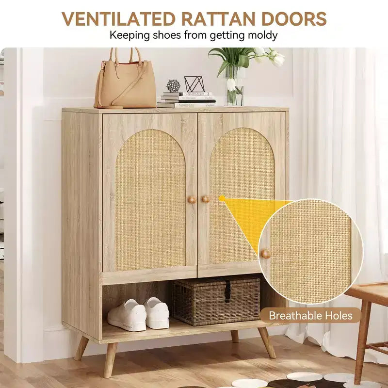 Meuble à chaussures Meuble d'entrée Armoire 4 niveaux avec portes en rotin et étagères réglables