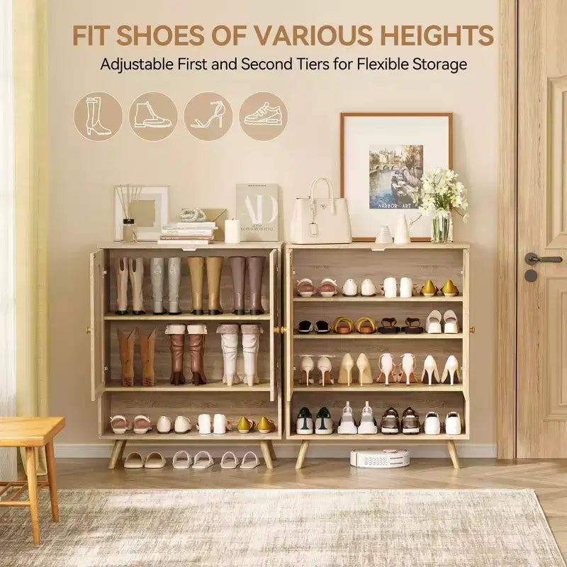 Meuble à chaussures Meuble d'entrée Armoire 4 niveaux avec portes en rotin et étagères réglables