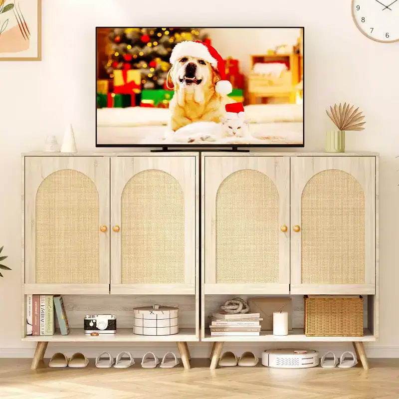 Meuble à chaussures Meuble d'entrée Armoire 4 niveaux avec portes en rotin et étagères réglables