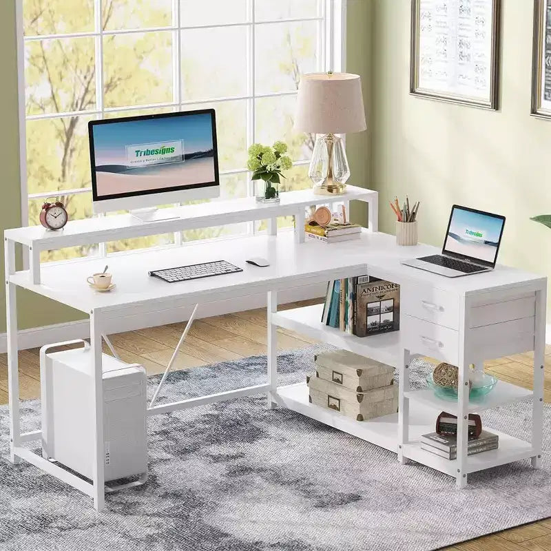 Lantine 55-Inch Reversible L-Shaped Desk with Drawer Modern White Corner Desk with Storage Shelves and Monitor Stand for Home Office Small Space