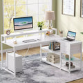 Lantine 55-Inch Reversible L-Shaped Desk with Drawer Modern White Corner Desk with Storage Shelves and Monitor Stand for Home Office Small Space