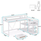 Bureau d'angle réversible en L avec tiroir, blanc moderne