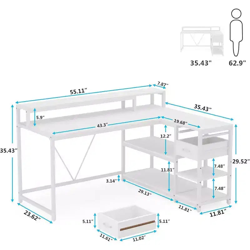 Bureau d'angle réversible en L avec tiroir, blanc moderne