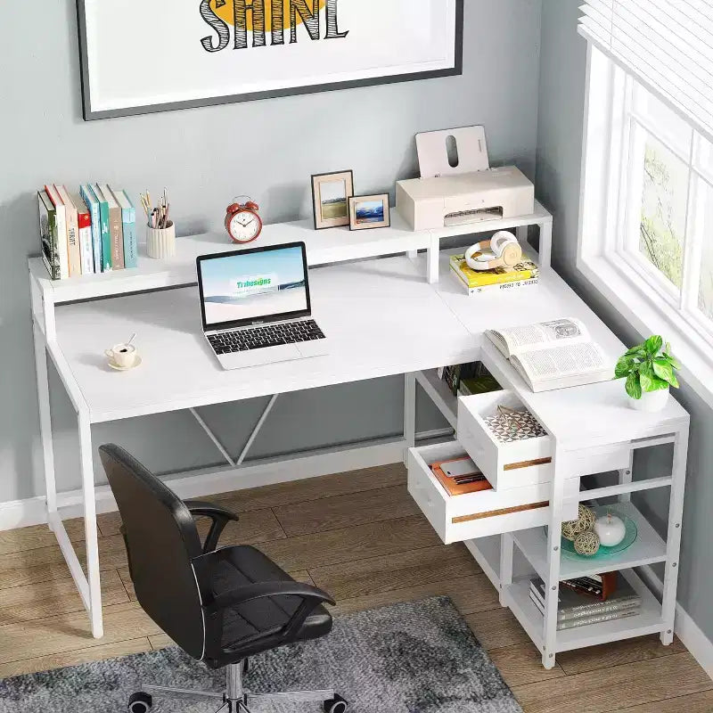 Bureau d'angle réversible en L avec tiroir, blanc moderne