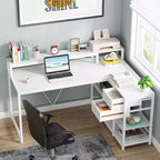 Bureau d'angle réversible en L avec tiroir, blanc moderne