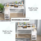 Bureau d'angle réversible en L avec tiroir, blanc moderne
