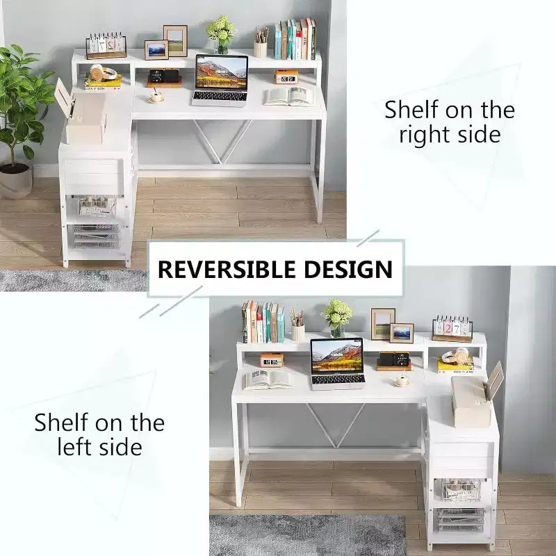 Bureau d'angle réversible en L avec tiroir, blanc moderne