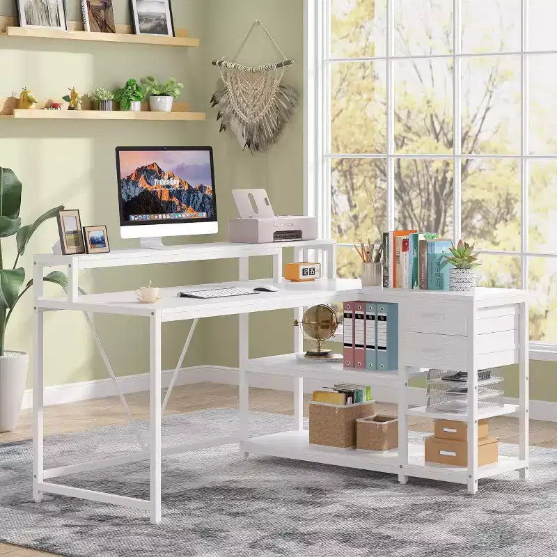 Bureau d'angle réversible en L avec tiroir, blanc moderne