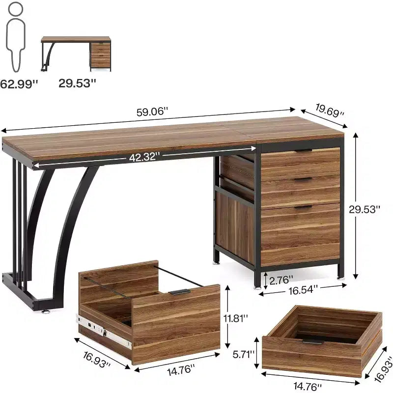 Bureau informatique avec 3 tiroirs, bureau PC avec tiroirs réversibles et rangement pour dossiers