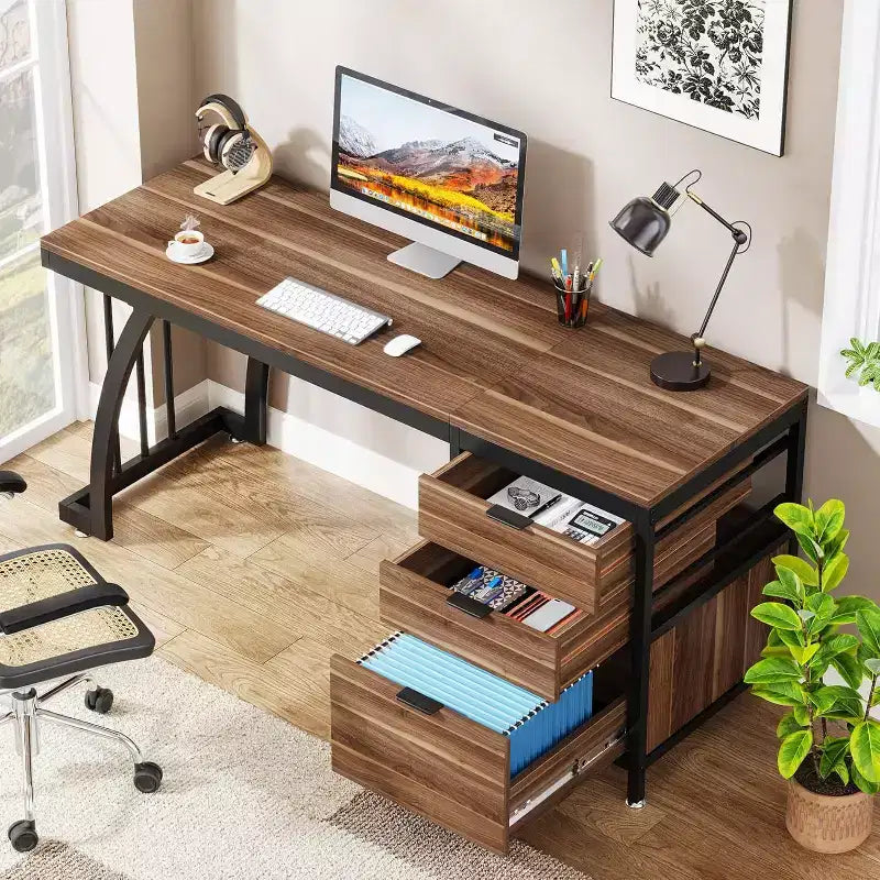 Bureau informatique avec 3 tiroirs, bureau PC avec tiroirs réversibles et rangement pour dossiers