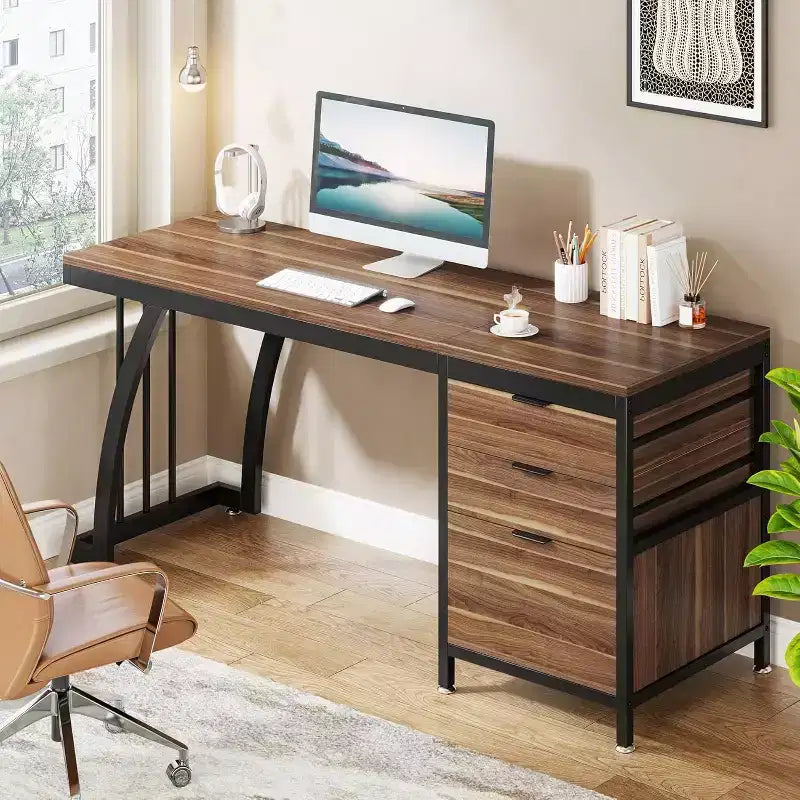 Bureau informatique avec 3 tiroirs, bureau PC avec tiroirs réversibles et rangement pour dossiers