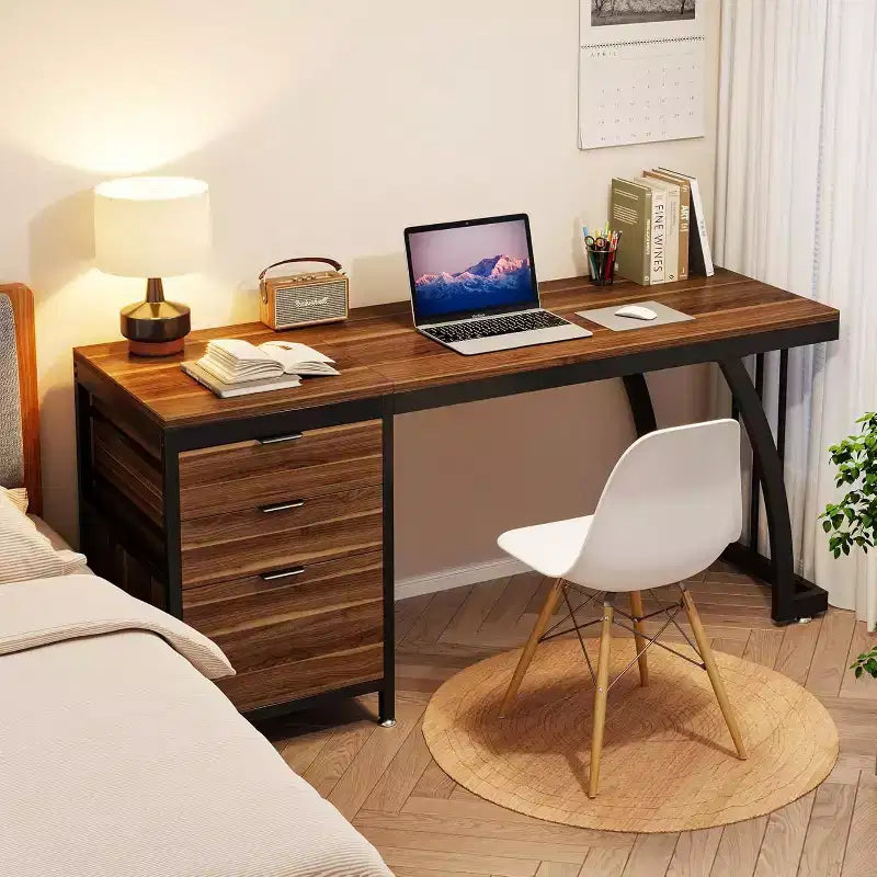 Bureau informatique avec 3 tiroirs, bureau PC avec tiroirs réversibles et rangement pour dossiers