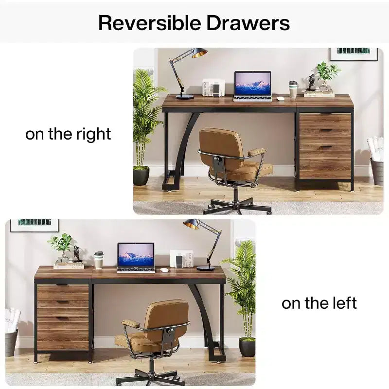 Bureau informatique avec 3 tiroirs, bureau PC avec tiroirs réversibles et rangement pour dossiers