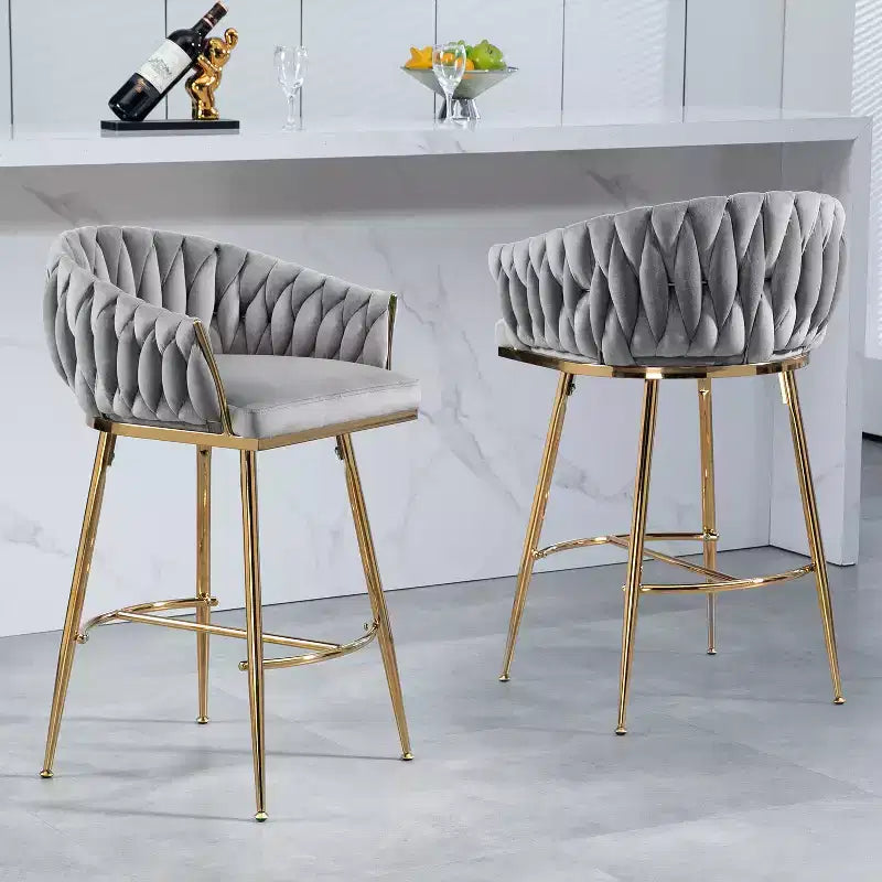 Tabourets de comptoir modernes en métal avec revêtement en velours, repose-pieds et accoudoirs