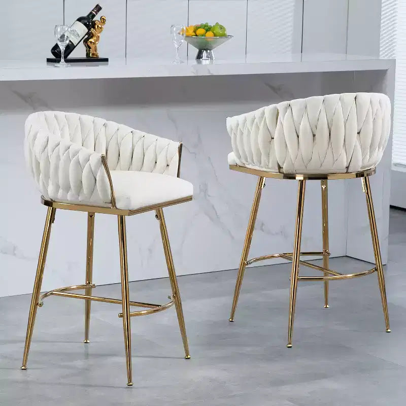 Tabourets de comptoir modernes en métal avec revêtement en velours, repose-pieds et accoudoirs