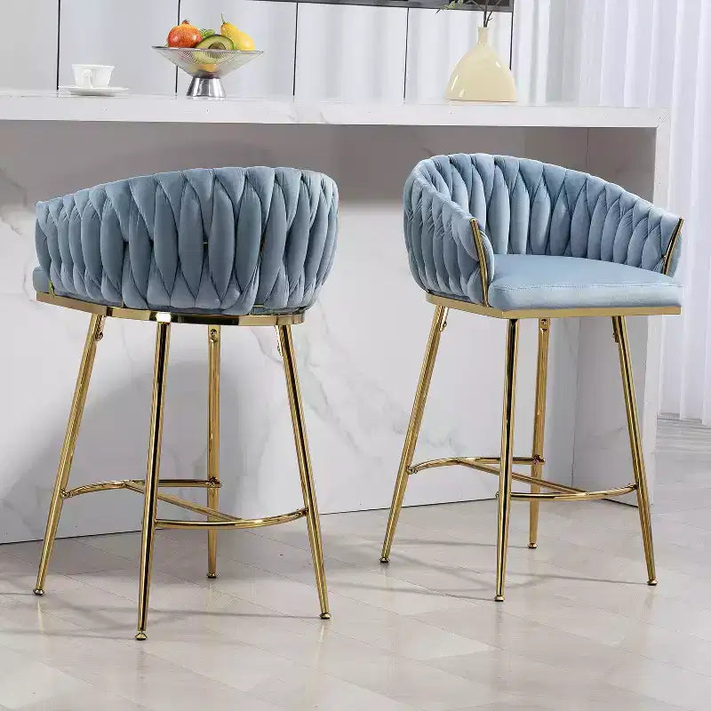 Tabourets de comptoir modernes en métal avec revêtement en velours, repose-pieds et accoudoirs