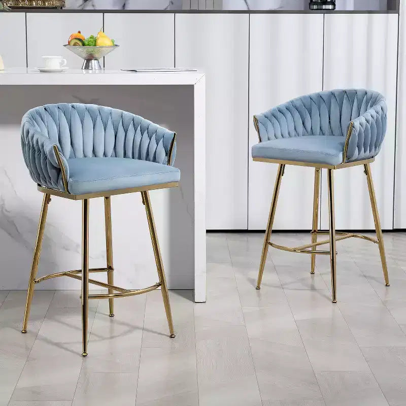 Tabourets de comptoir modernes en métal avec revêtement en velours, repose-pieds et accoudoirs