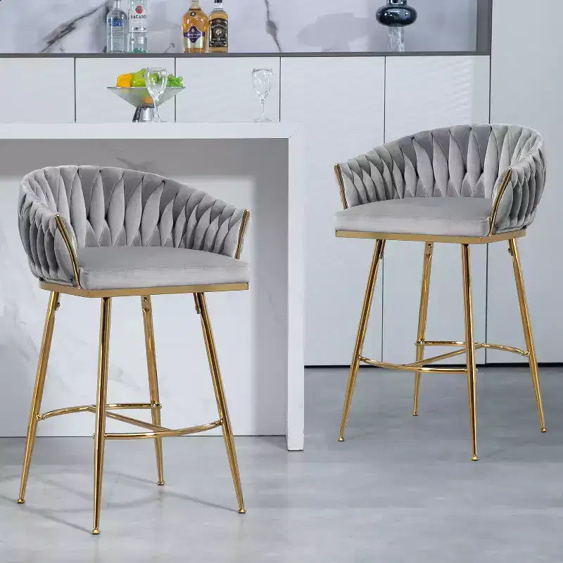 Tabourets de comptoir modernes en métal avec revêtement en velours, repose-pieds et accoudoirs