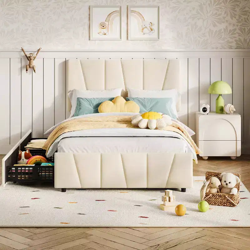 Cadre de lit rembourré en lin moderne avec tiroirs de rangement