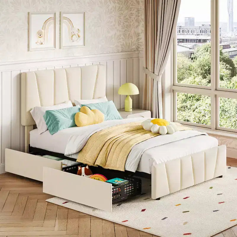 Modern Linen Upholstered Bed Frame Platform Bed Frame with Adjustable Headboard 2/4 Storage Drawers No Box Spring Needed