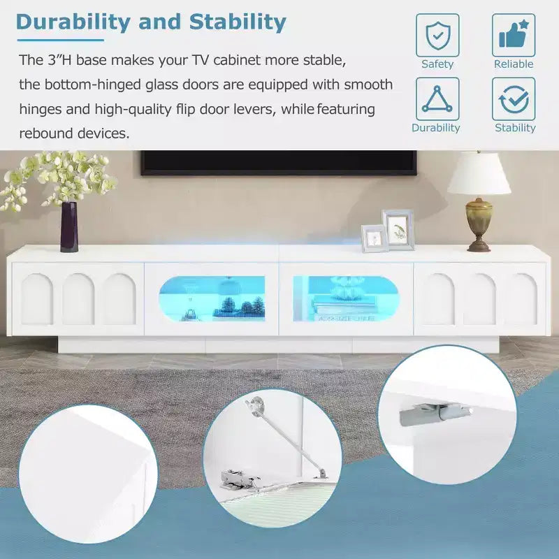 Meuble TV blanc avec portes en verre cannelé Console multimédia à LED