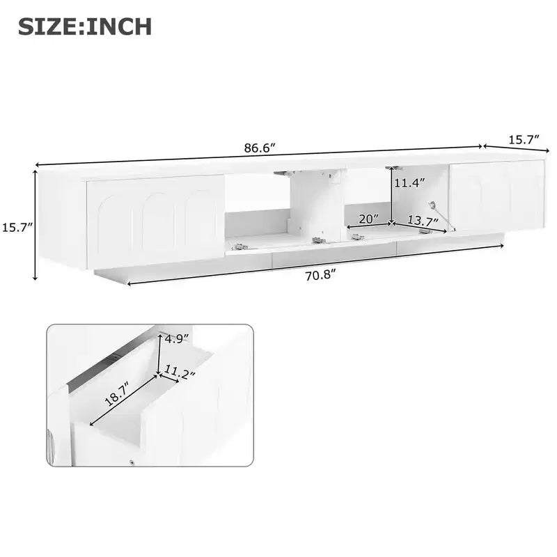 Meuble TV blanc avec portes en verre cannelé Console multimédia à LED