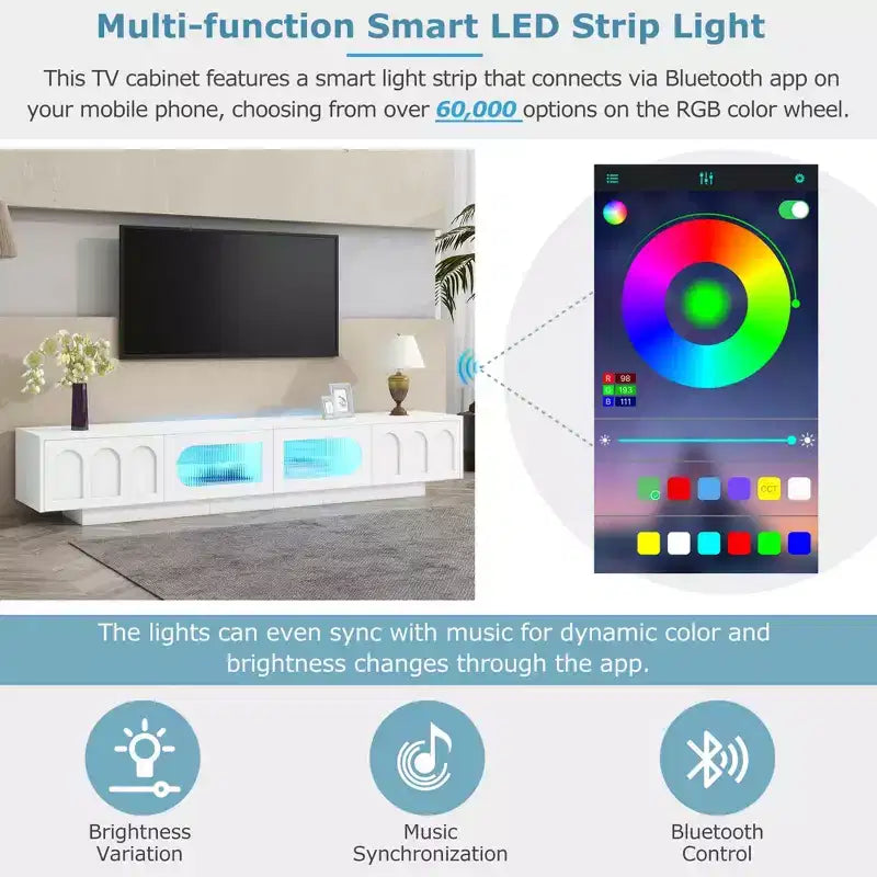 Meuble TV blanc avec portes en verre cannelé Console multimédia à LED