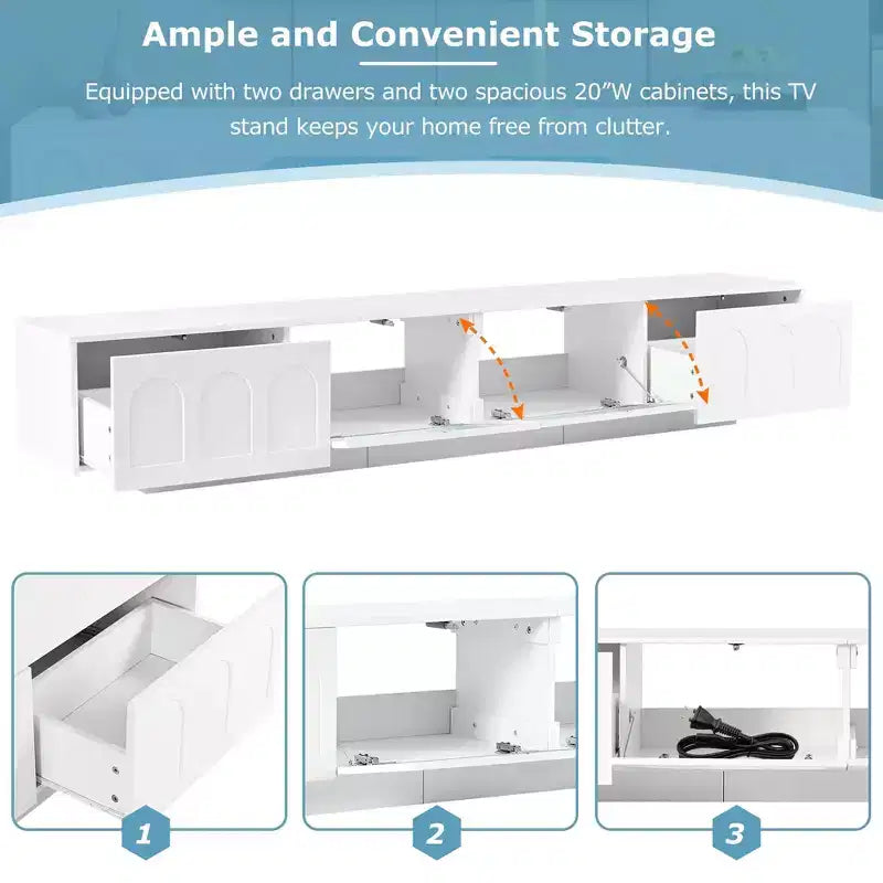 Meuble TV blanc avec portes en verre cannelé Console multimédia à LED