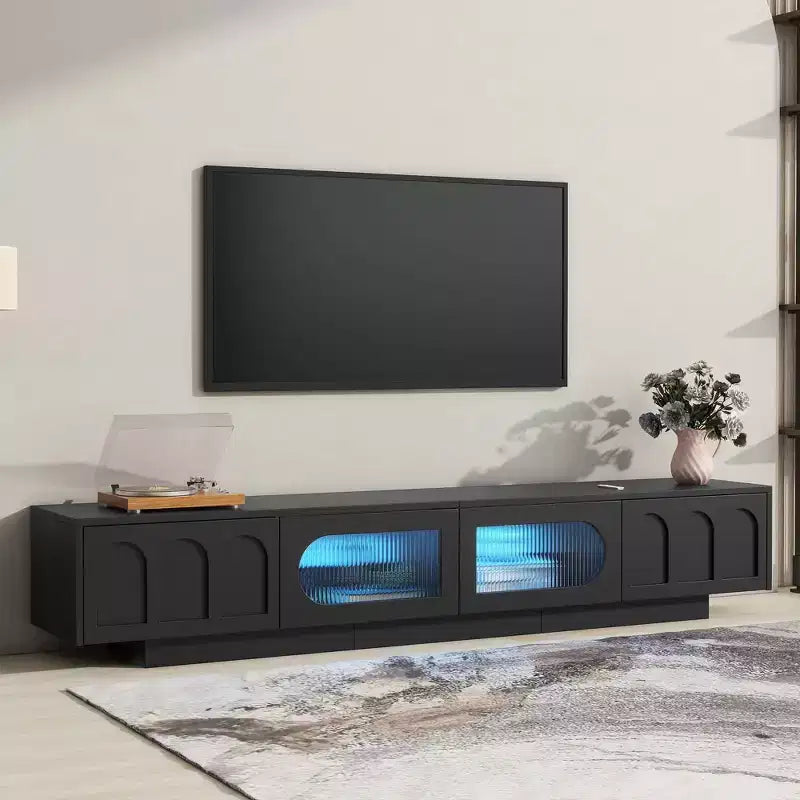 Meuble TV blanc avec portes en verre cannelé Console multimédia à LED