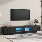 Meuble TV blanc avec portes en verre cannelé Console multimédia à LED