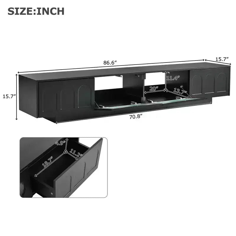 Meuble TV blanc avec portes en verre cannelé Console multimédia à LED