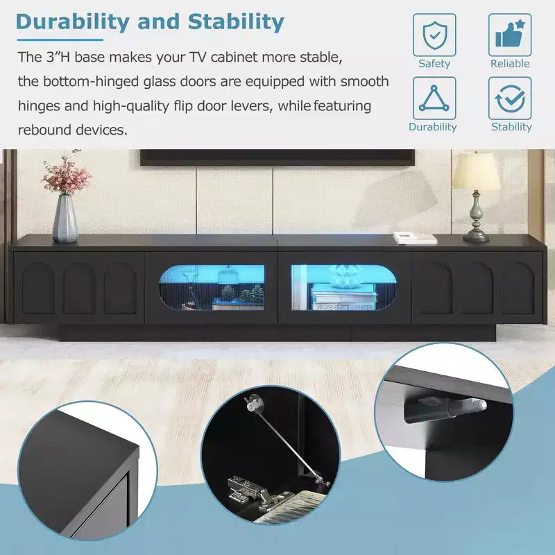 Meuble TV blanc avec portes en verre cannelé Console multimédia à LED